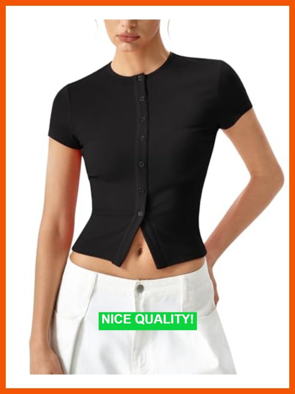 Ribbed Button Front Slim Fit Short Sleeve Crewneck Tee